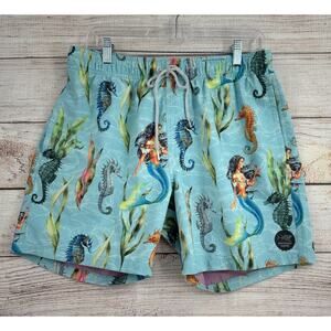 Psycho Tuna Mermaid Seahorse Print Swim Trunks Mens Large Light Blue Ocean